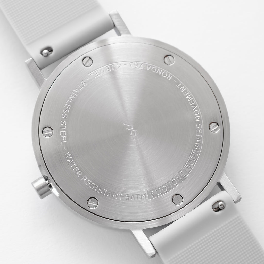 B001 Silver Watch On Rubber Strap, Light Grey - BIJOUONE