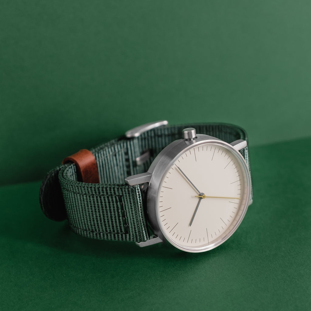 B001 Watch, Silver Case, Off White Dial, Nylon Strap - Green