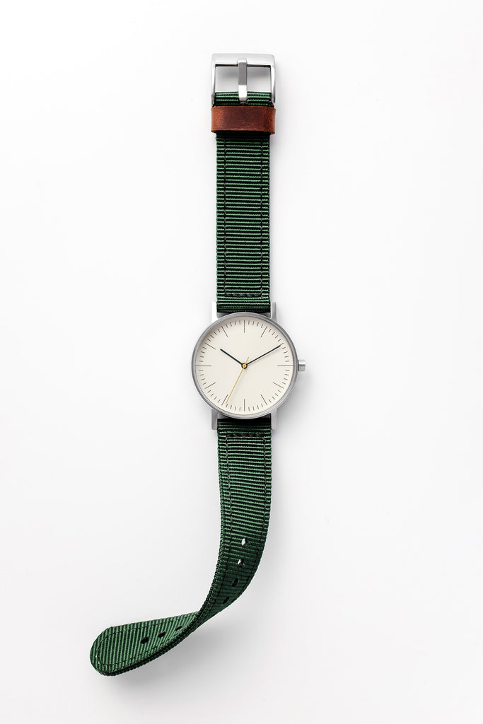 B001 Watch, Silver Case, Off White Dial, Nylon Strap - Green