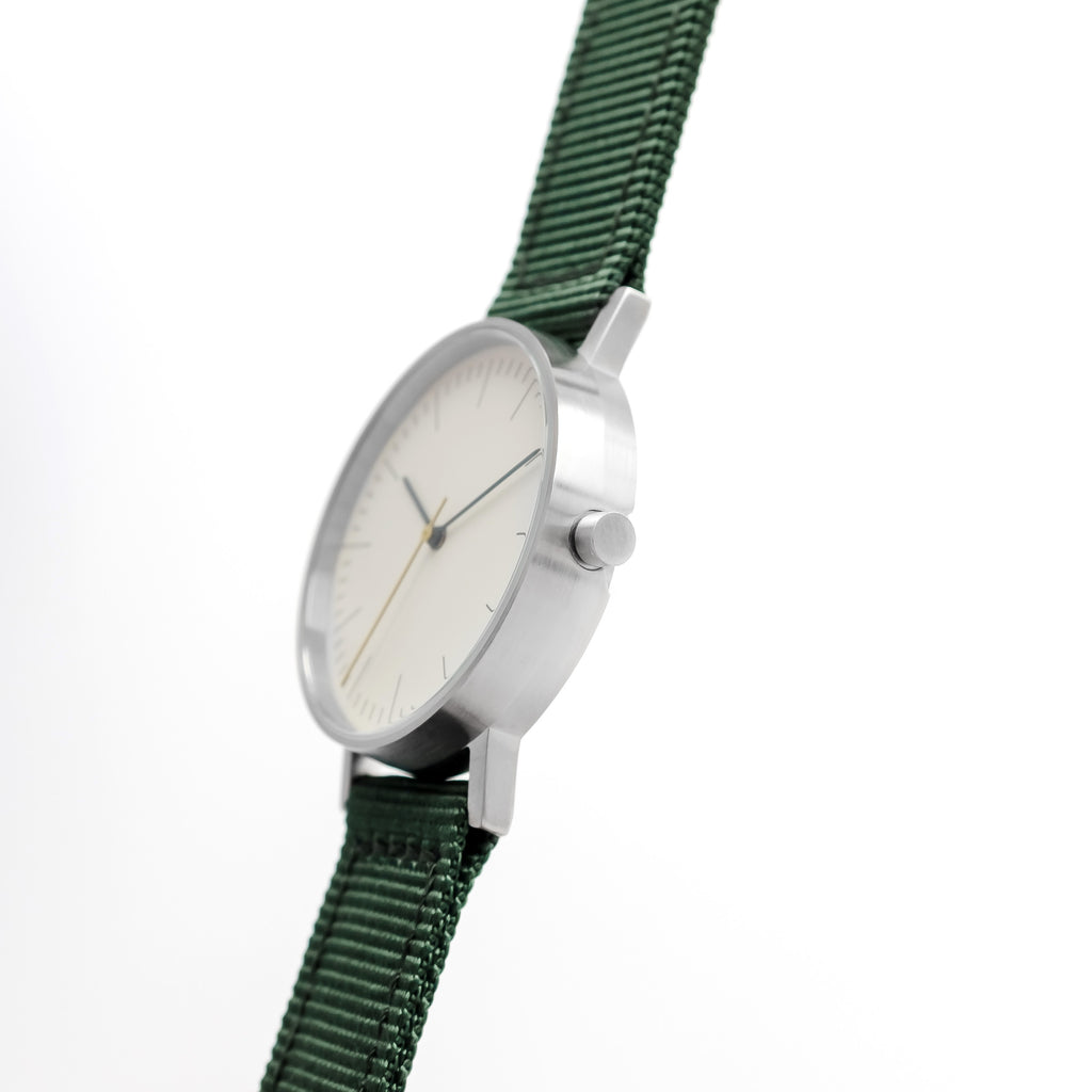 B001 Watch, Silver Case, Off White Dial, Nylon Strap - Green