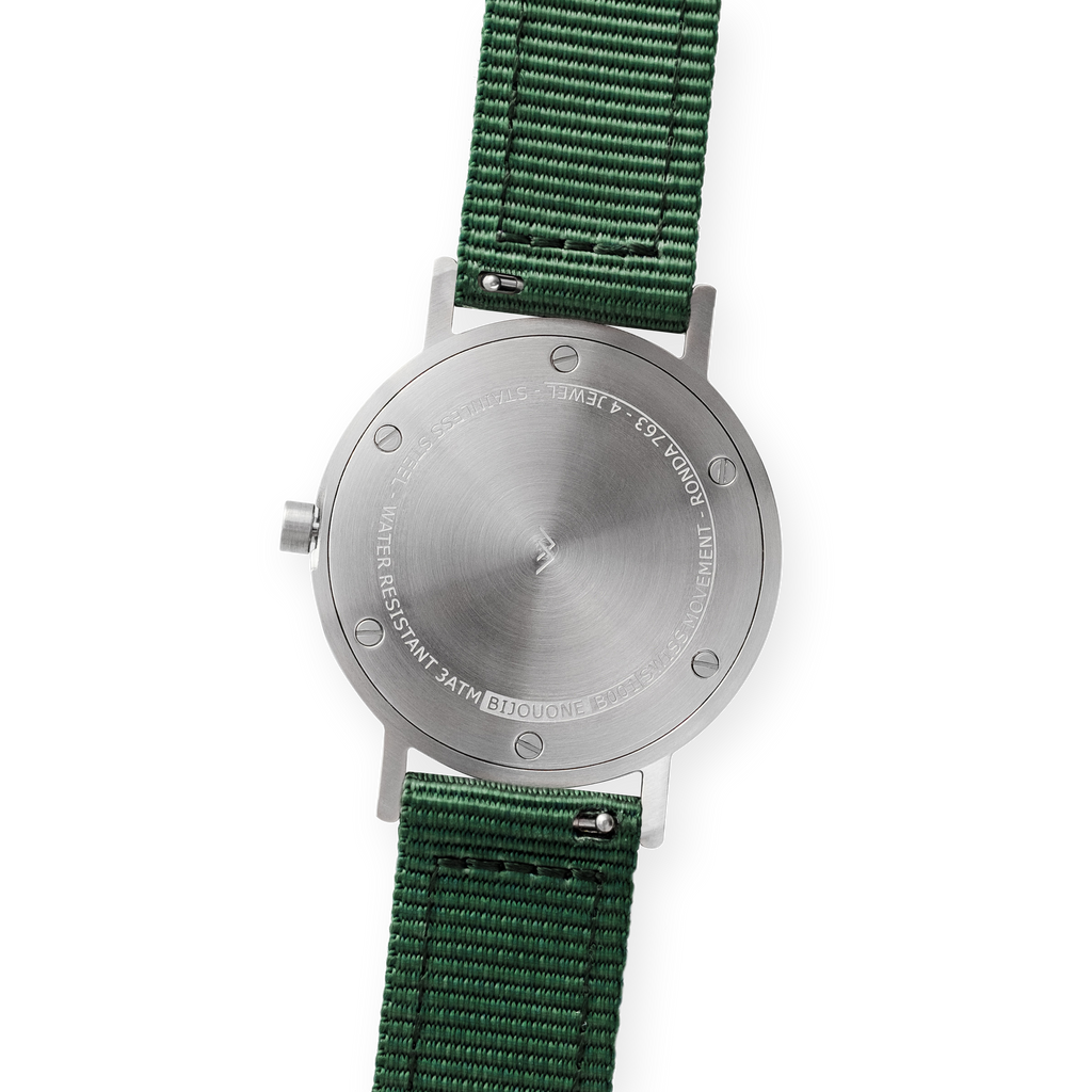 B001 Watch, Silver Case, Off White Dial, Nylon Strap - Green