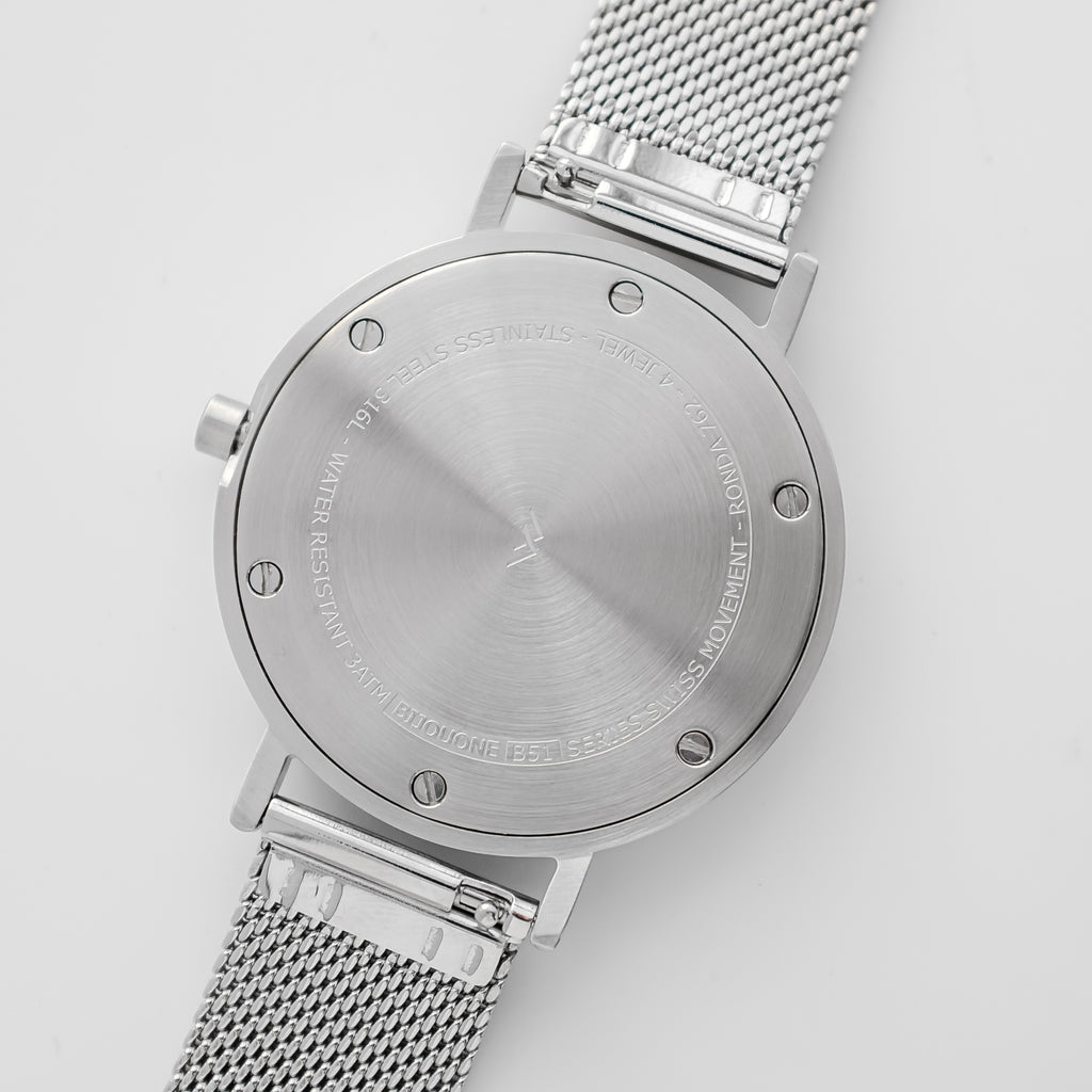 B50 Watch, Silver Case, Off White Dial, Red Hand, Stainless Steel Mesh Strap