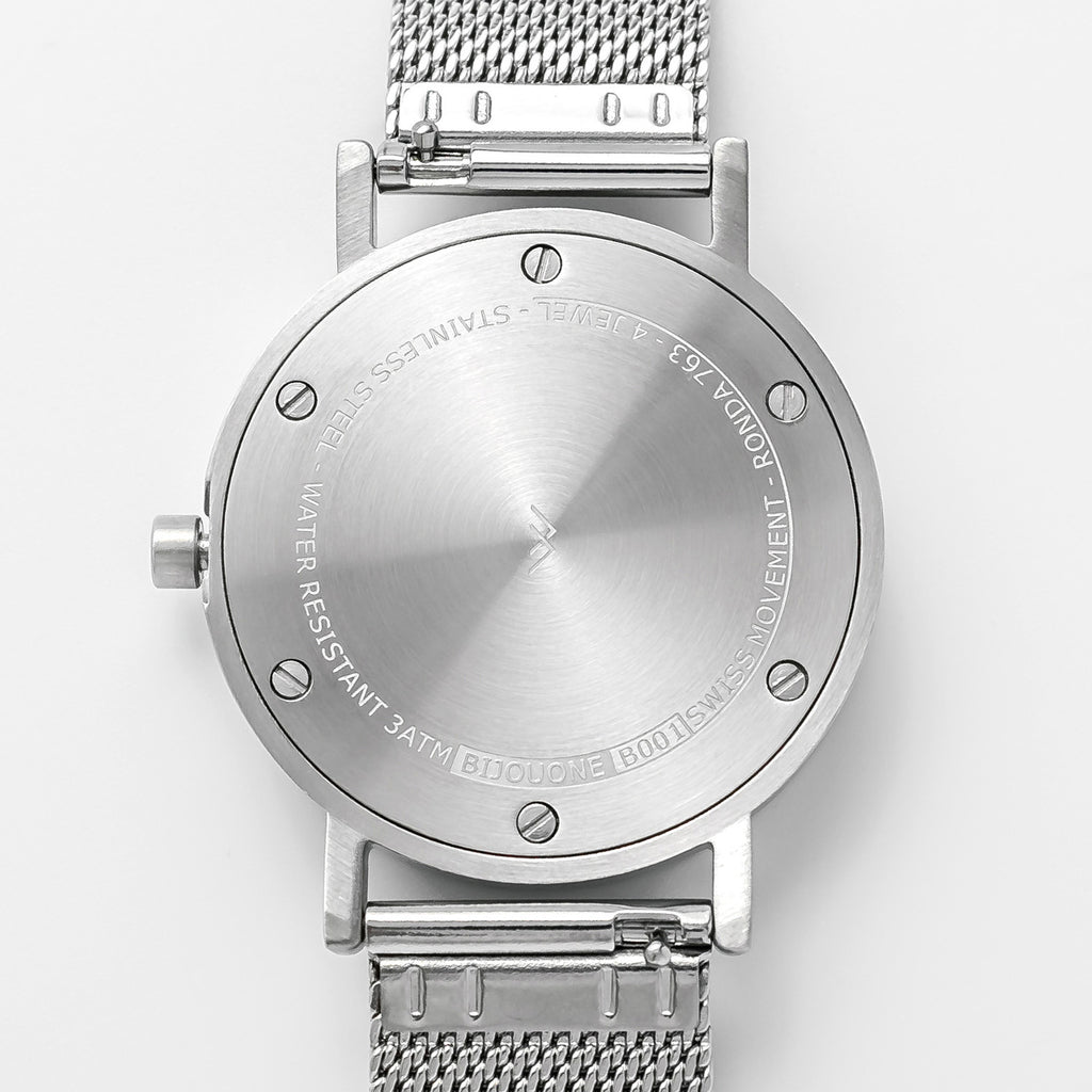 B001 Watch, Silver Case, White Dial, Stainless Steel Mesh Strap