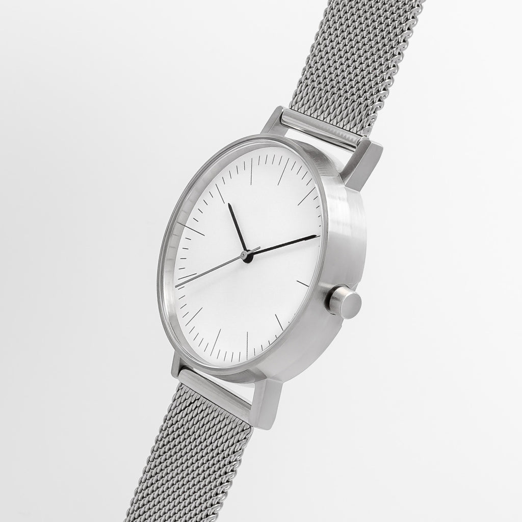 B001 Watch, Silver Case, White Dial, Stainless Steel Mesh Strap