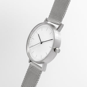 B001 Watch, Silver Case, White Dial, Stainless Steel Mesh Strap - BIJOUONE