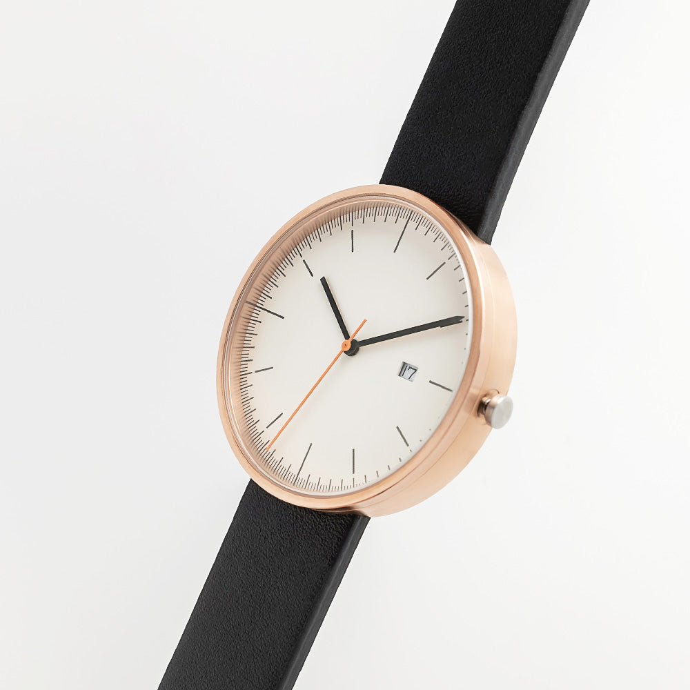 B202 Watch, Rose Gold Case, Off White Dial, Calendar, Leather Strap - Black
