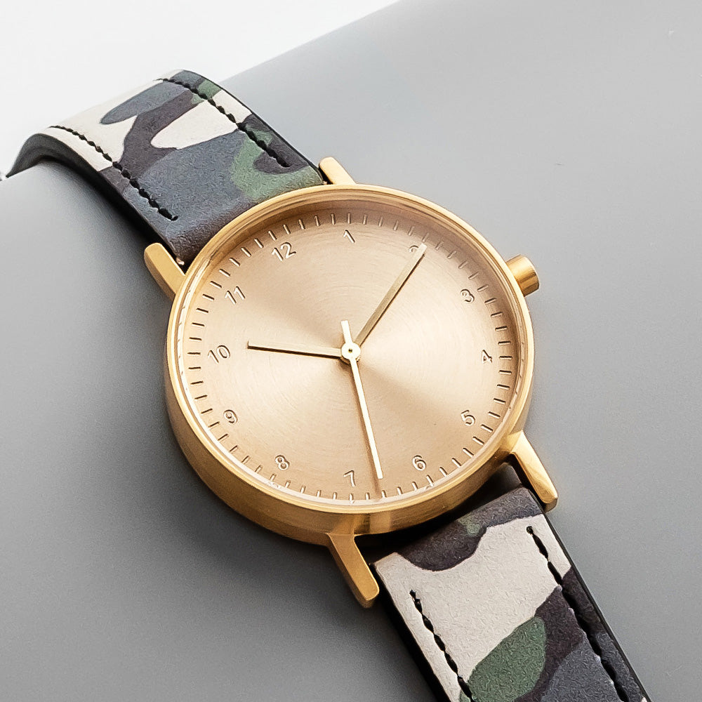 B60 Watch, Gold Case, Gold Dial, Leather Strap - Camouflage Green