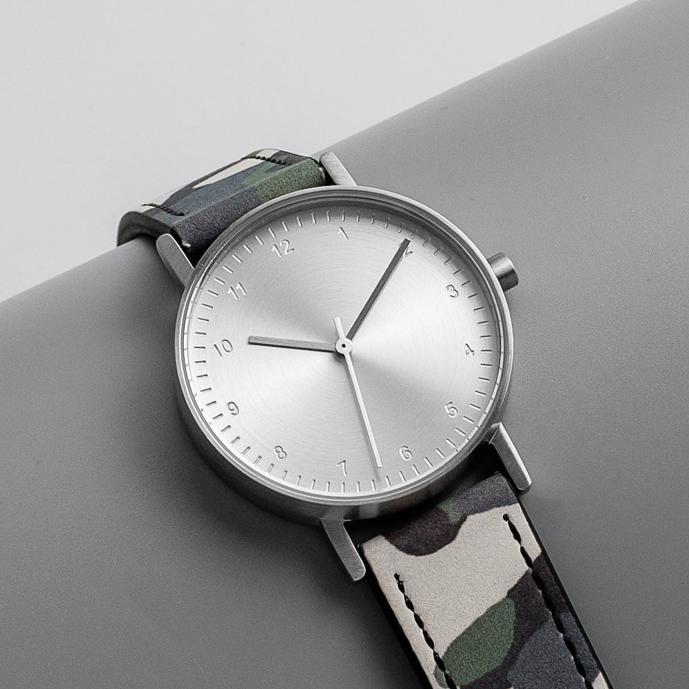 B60 Watch, Silver Case, silver Dial, Leather Strap - Camouflage Green - BIJOUONE