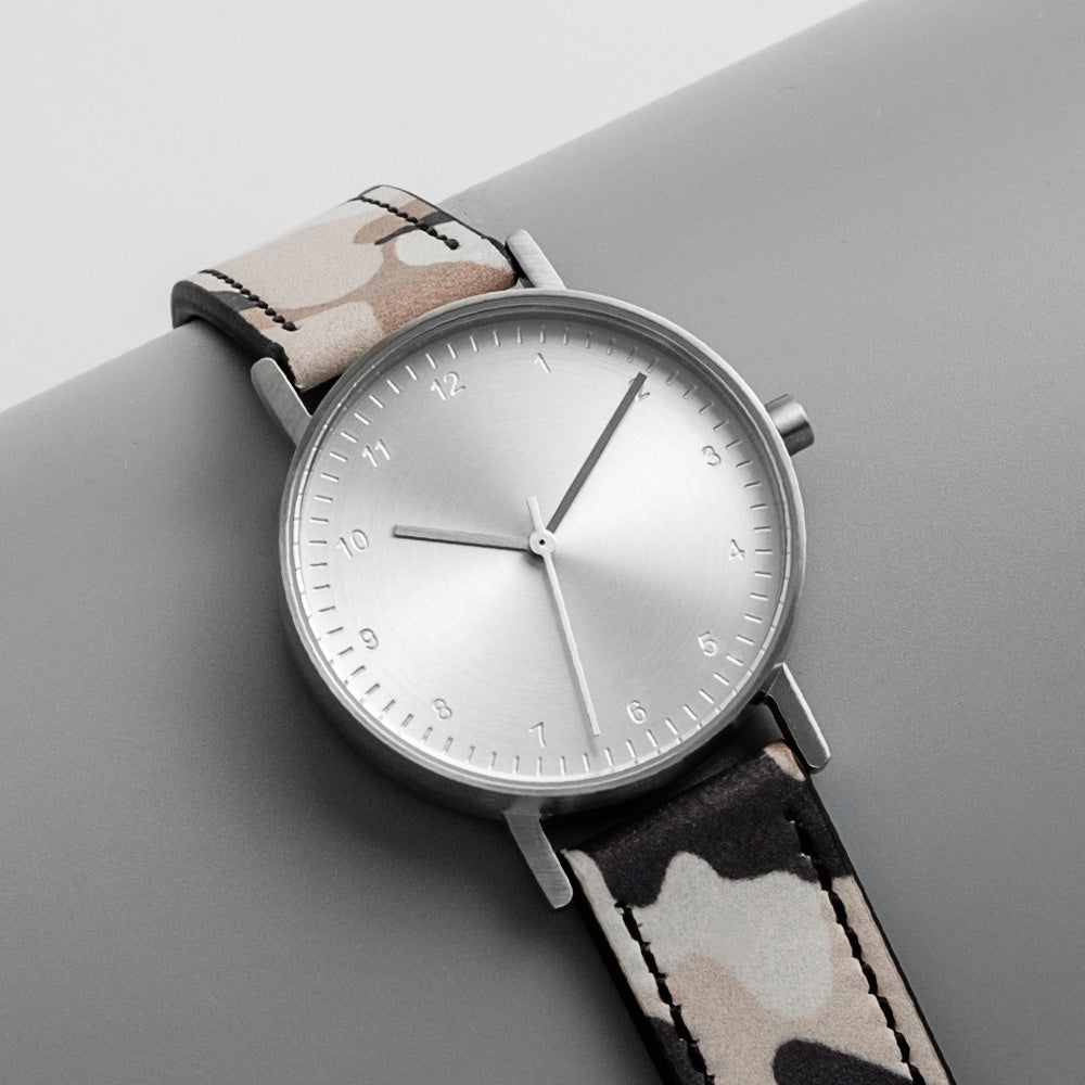 B60 Watch, Silver Case, silver Dial, Leather Strap - Camouflage Khaki