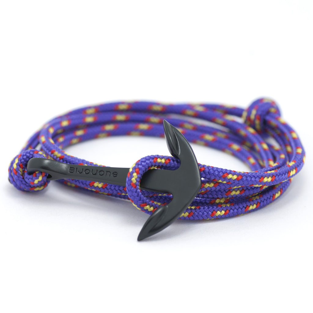 Matte Black Anchor On Purple Rope Bracelet - BIJOUONE