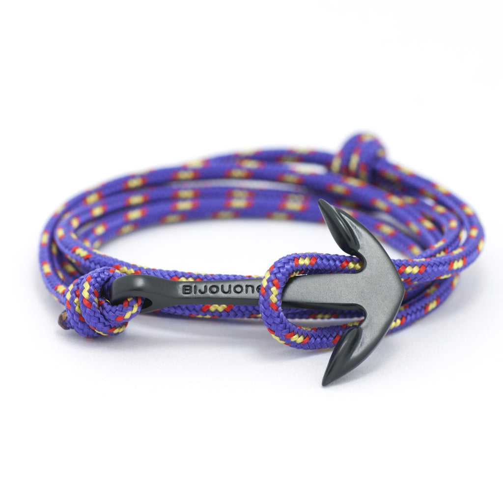 Matte Black Anchor On Purple Rope Bracelet - BIJOUONE