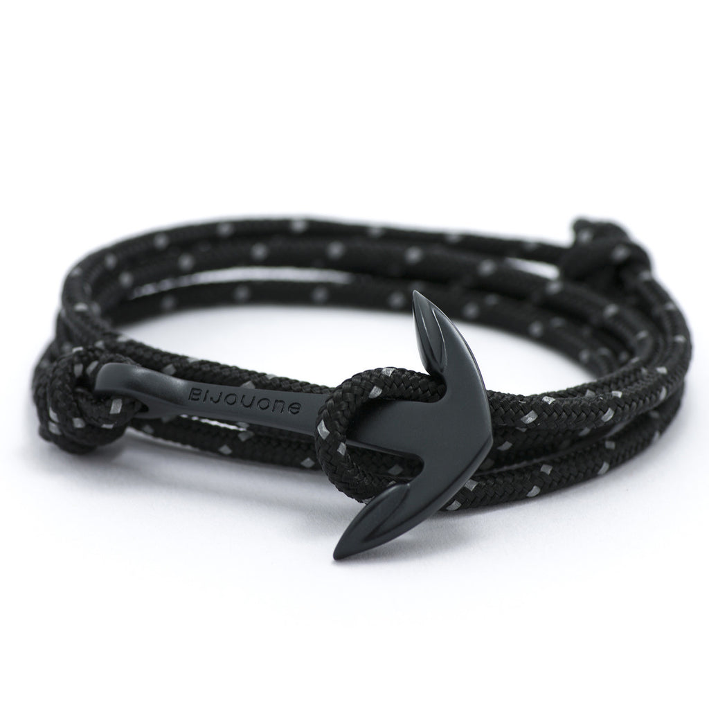 Matte Black Anchor On Black Reflective Rope Bracelet - BIJOUONE