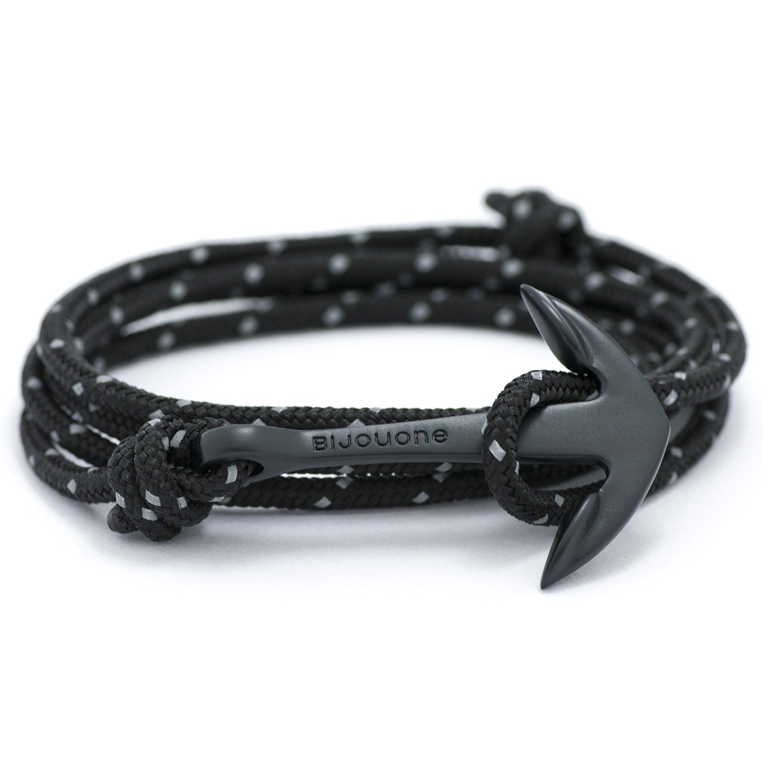 Matte Black Anchor On Black Reflective Rope Bracelet - BIJOUONE