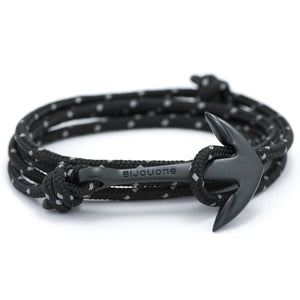 Matte Black Anchor On Black Reflective Rope Bracelet - BIJOUONE