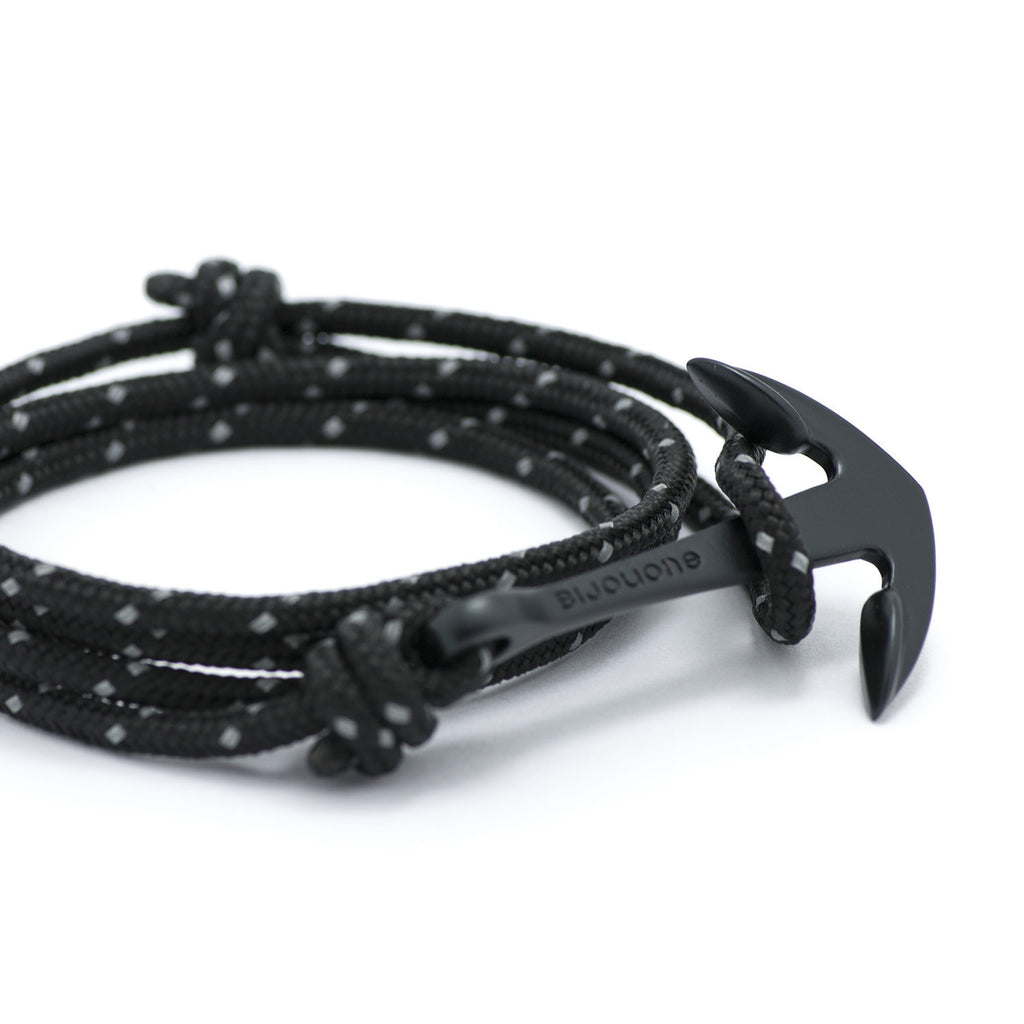 Matte Black Anchor On Black Reflective Rope Bracelet - BIJOUONE