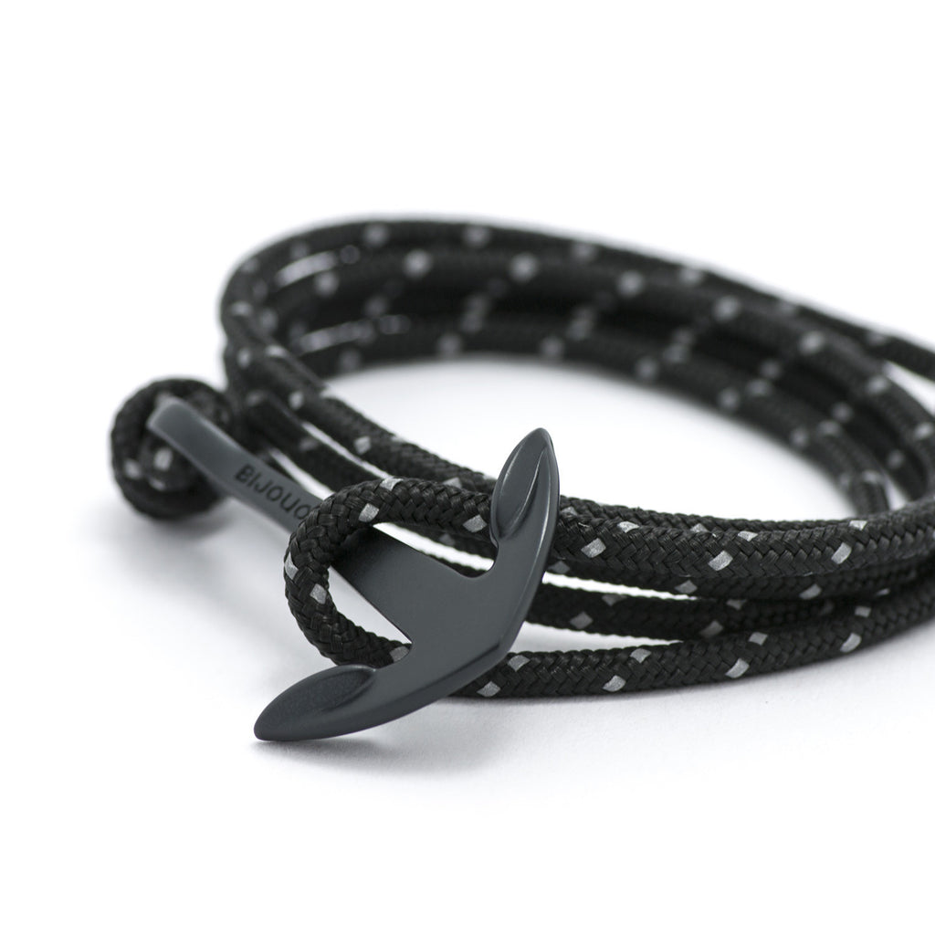 Matte Black Anchor On Black Reflective Rope Bracelet - BIJOUONE