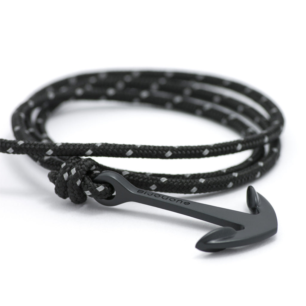 Matte Black Anchor On Black Reflective Rope Bracelet - BIJOUONE
