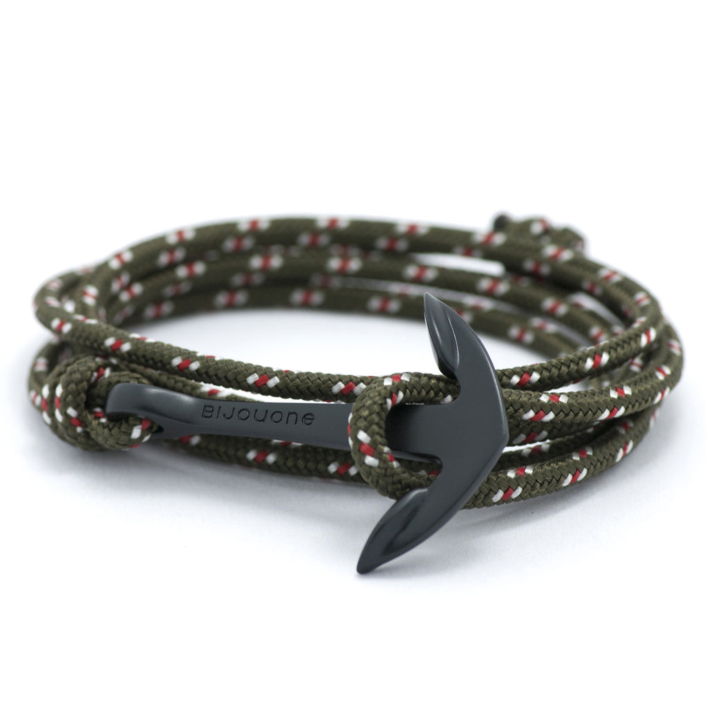Matte Black Anchor On Olive Rope Bracelet - BIJOUONE
