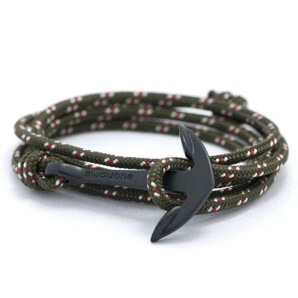 Matte Black Anchor On Olive Rope Bracelet - BIJOUONE