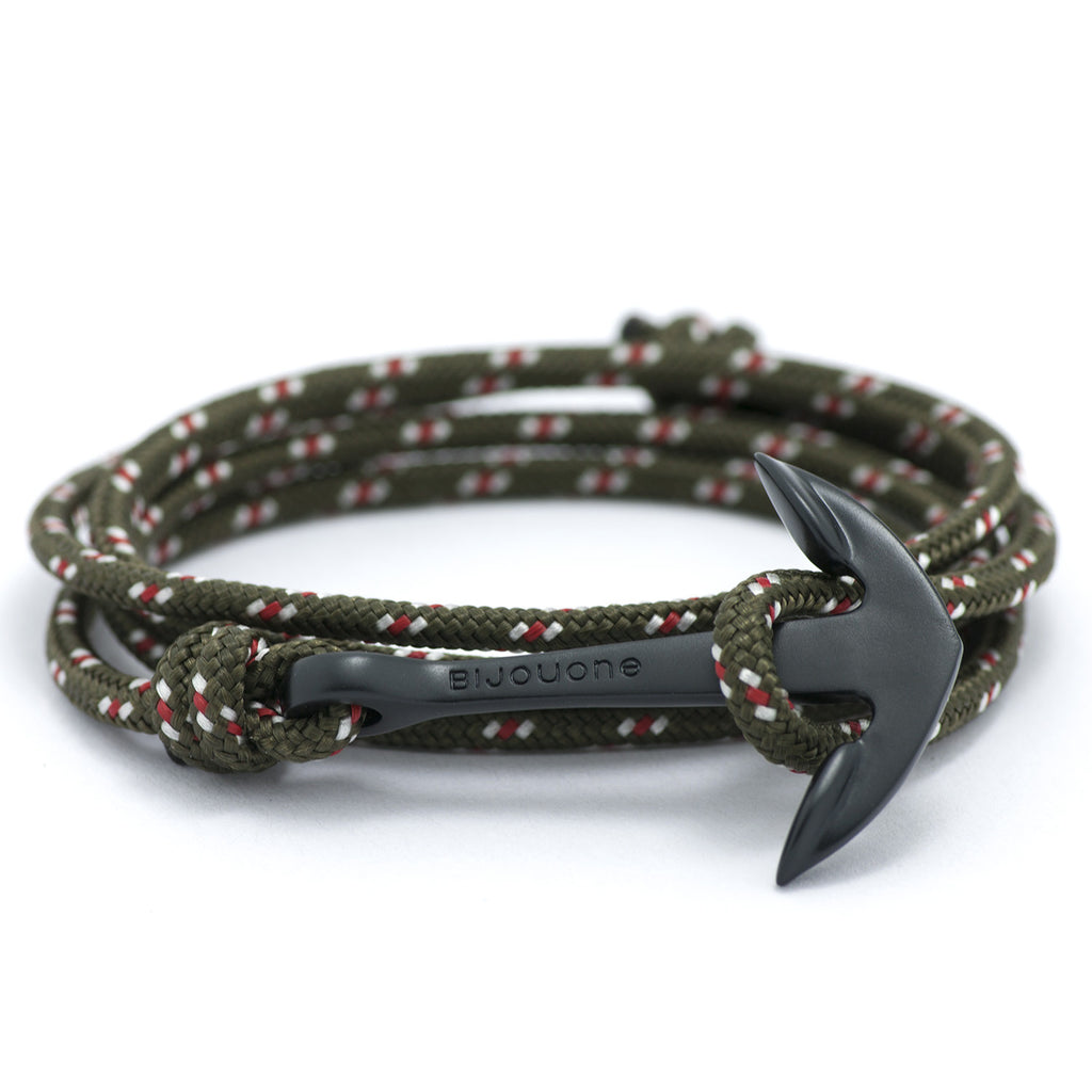 Matte Black Anchor On Olive Rope Bracelet - BIJOUONE