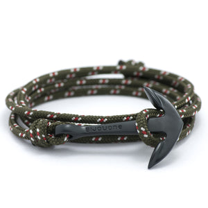 Matte Black Anchor On Olive Rope Bracelet - BIJOUONE