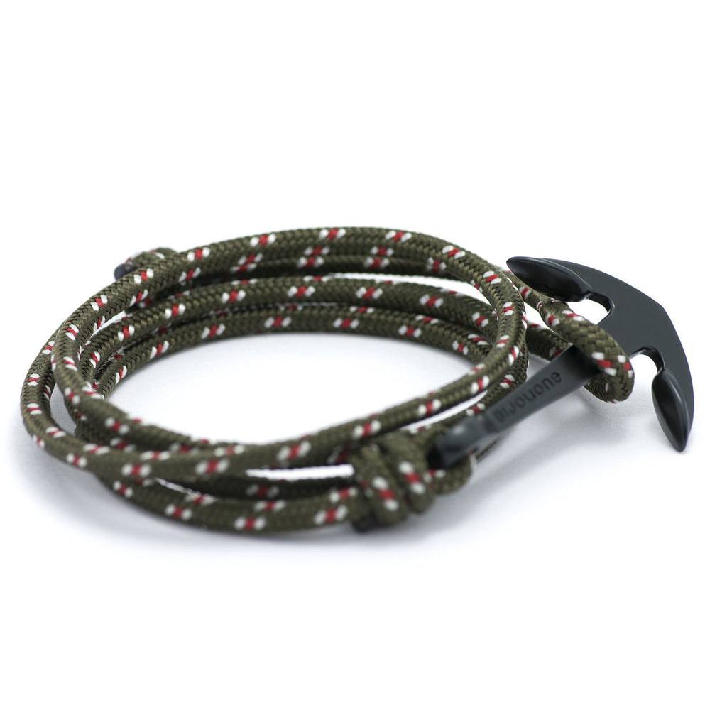 Matte Black Anchor On Olive Rope Bracelet - BIJOUONE