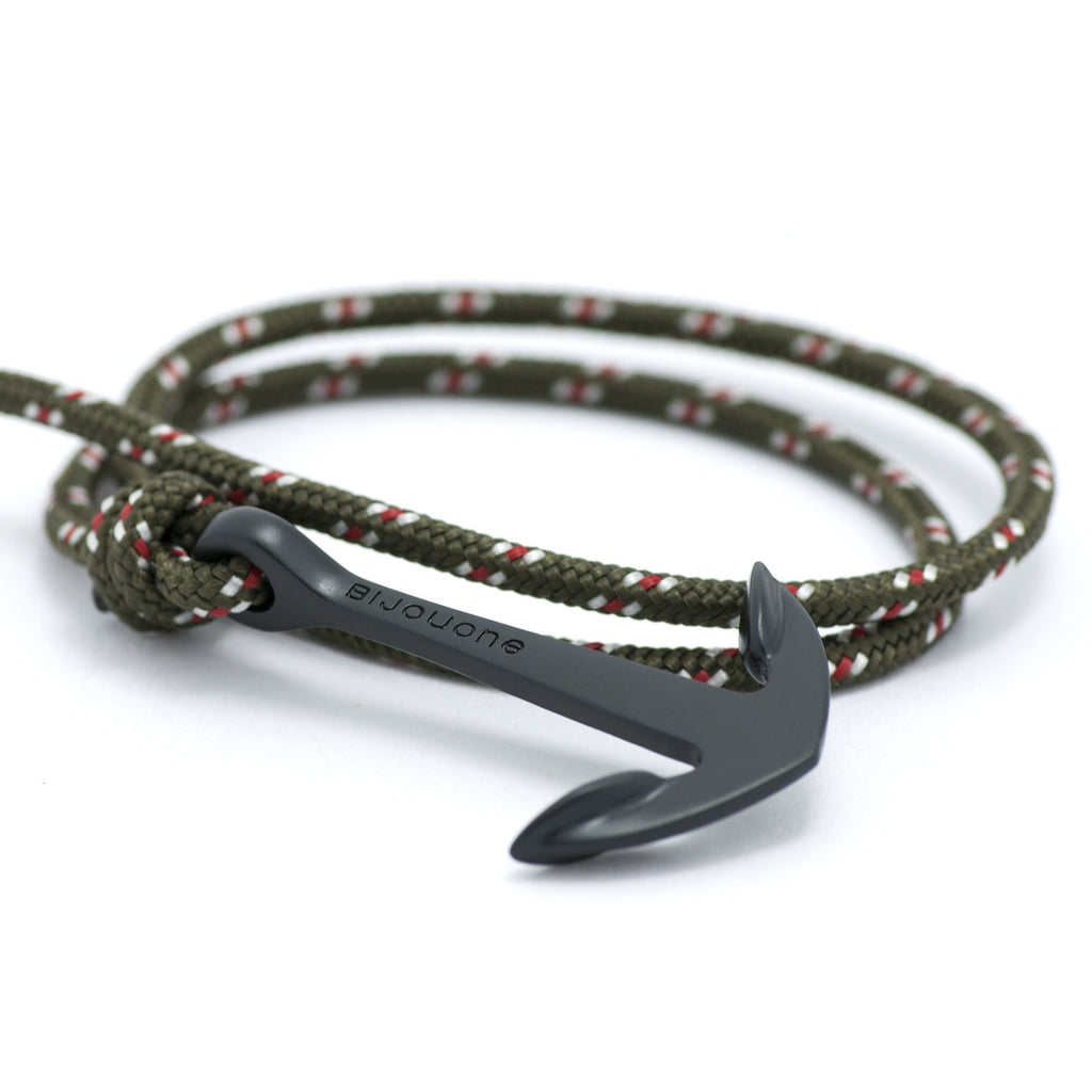 Matte Black Anchor On Olive Rope Bracelet - BIJOUONE