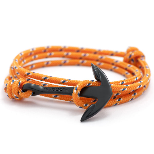 Matte Black Anchor On Orange Rope Bracelet - BIJOUONE