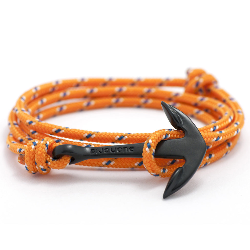 Matte Black Anchor On Orange Rope Bracelet - BIJOUONE