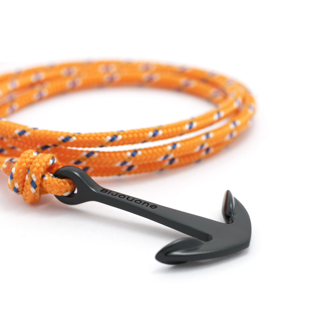 Matte Black Anchor On Orange Rope Bracelet - BIJOUONE