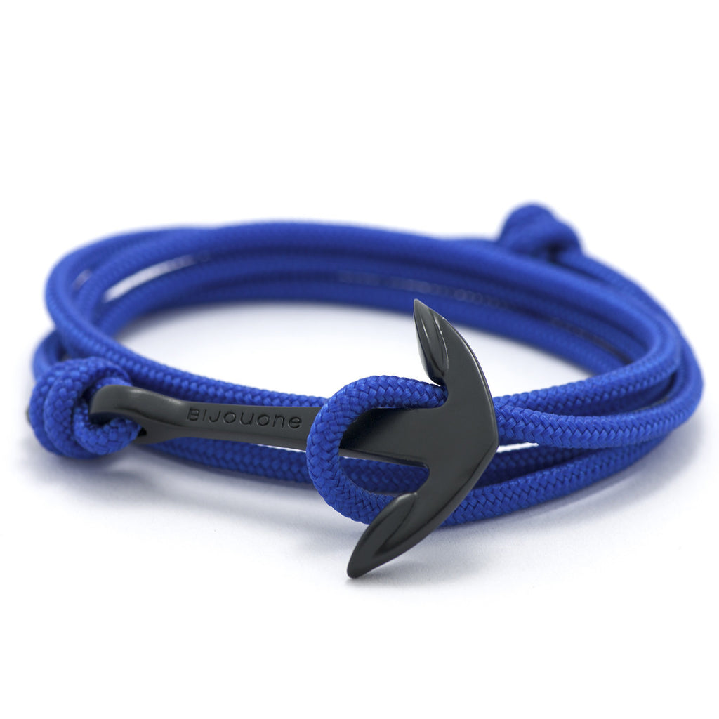 Matte Black Anchor On Solid Blue Rope Bracelet - BIJOUONE
