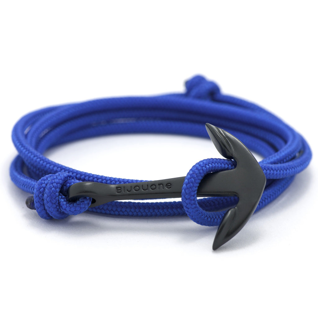 Matte Black Anchor On Solid Blue Rope Bracelet - BIJOUONE
