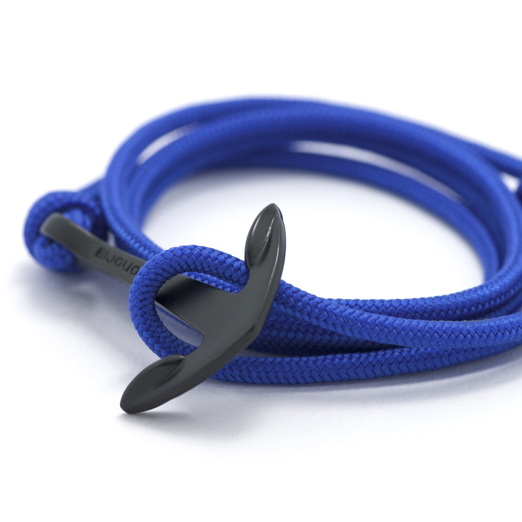Matte Black Anchor On Solid Blue Rope Bracelet - BIJOUONE