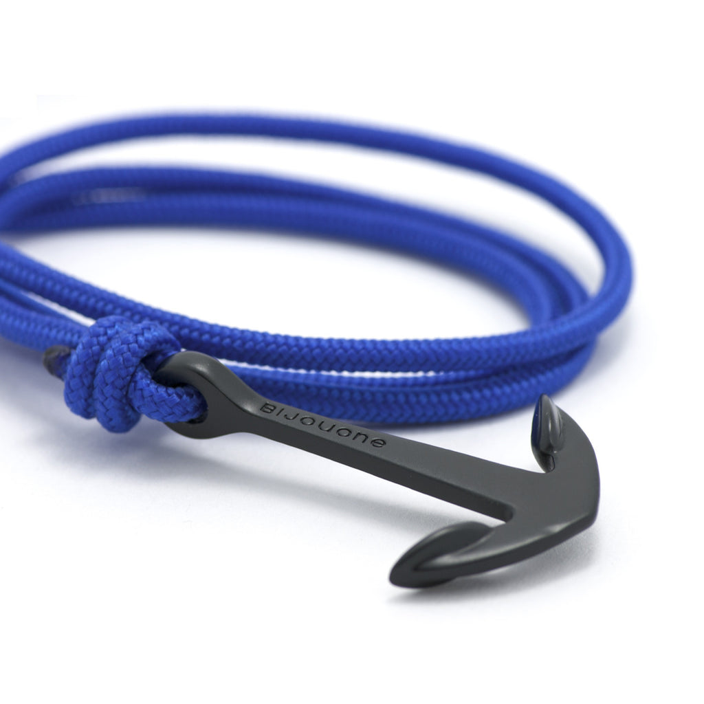 Matte Black Anchor On Solid Blue Rope Bracelet - BIJOUONE