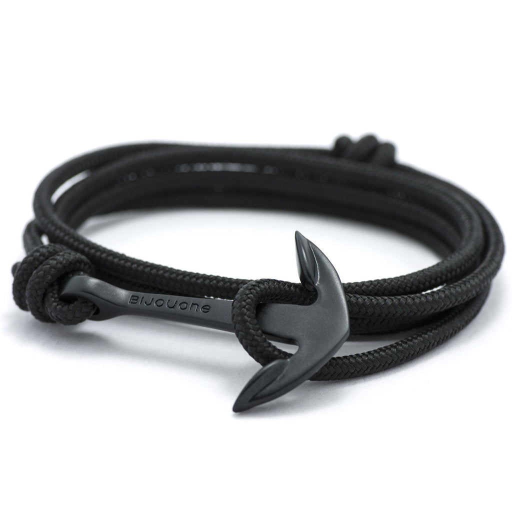 Matte Black Anchor On Solid Black Rope Bracelet - BIJOUONE