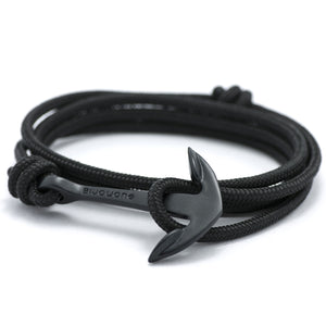 Matte Black Anchor On Solid Black Rope Bracelet - BIJOUONE