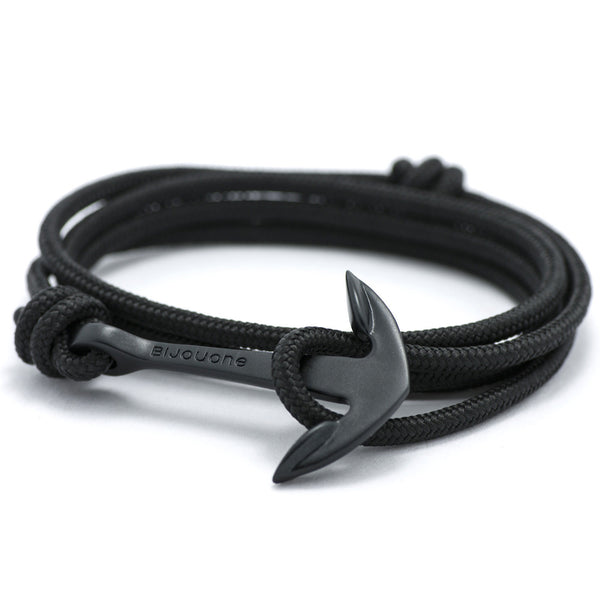 Matte Black Anchor On Solid Black Rope Bracelet - BIJOUONE