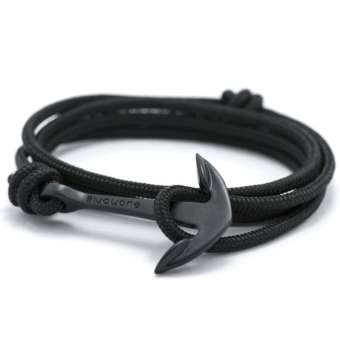 Matte Black Anchor On Solid Black Rope Bracelet - BIJOUONE