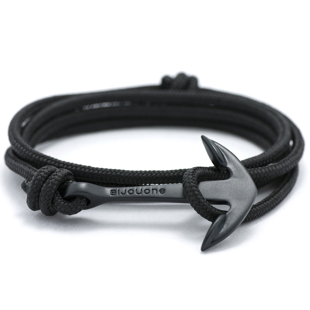 Matte Black Anchor On Solid Black Rope Bracelet - BIJOUONE