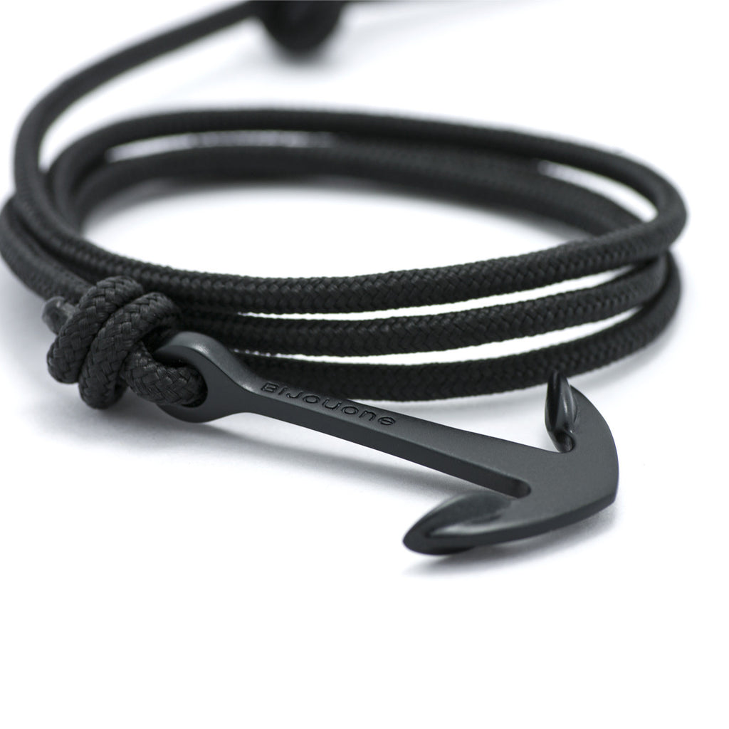 Matte Black Anchor On Solid Black Rope Bracelet - BIJOUONE