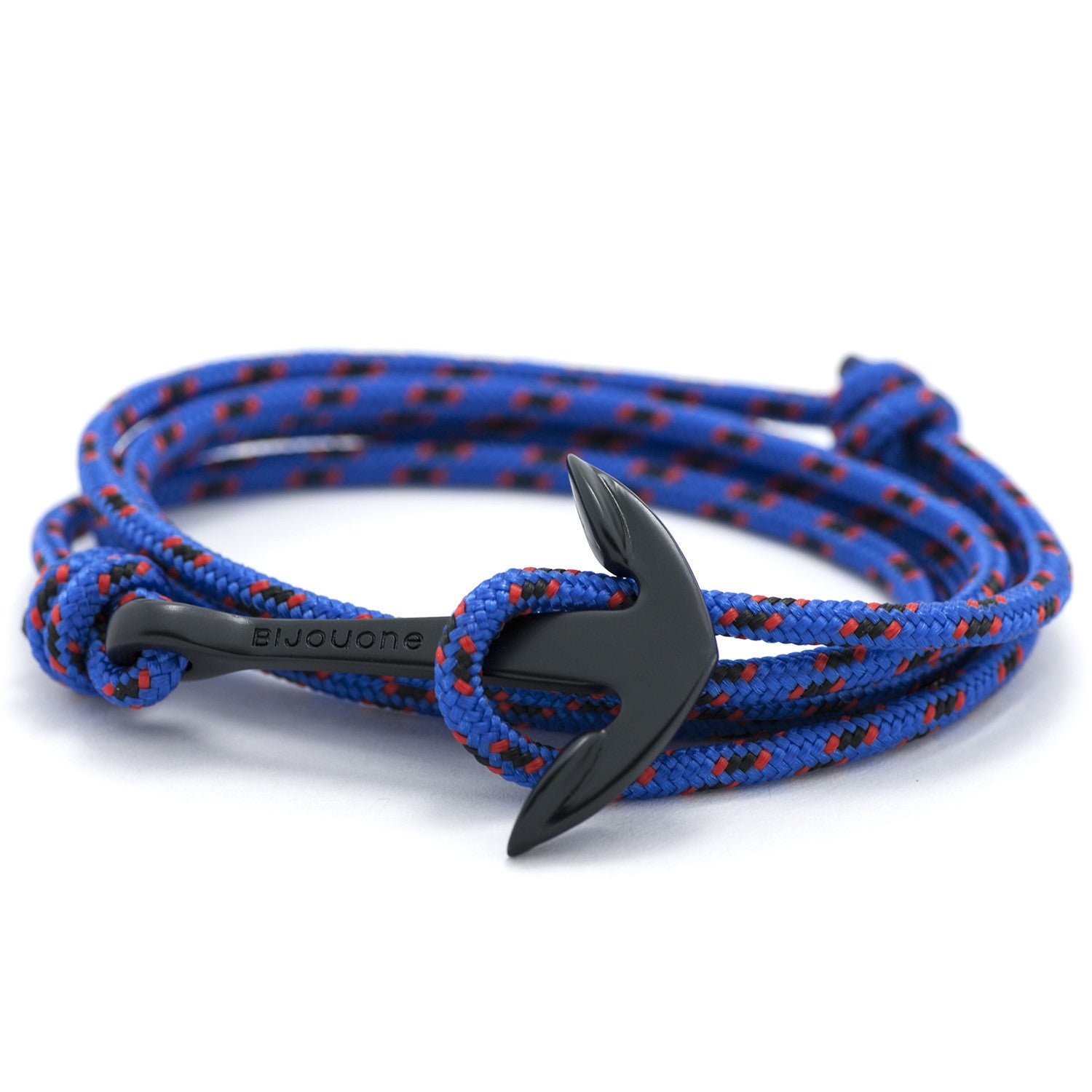 Matte Black Anchor On Blue & Red Rope Bracelet - BIJOUONE