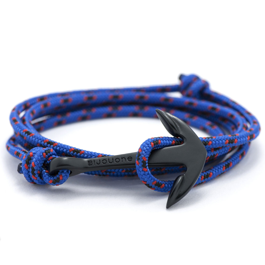 Matte Black Anchor On Blue & Red Rope Bracelet - BIJOUONE