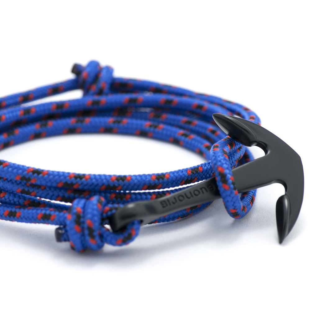 Matte Black Anchor On Blue & Red Rope Bracelet - BIJOUONE