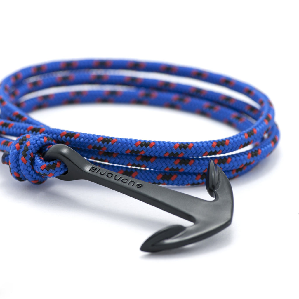 Matte Black Anchor On Blue & Red Rope Bracelet - BIJOUONE