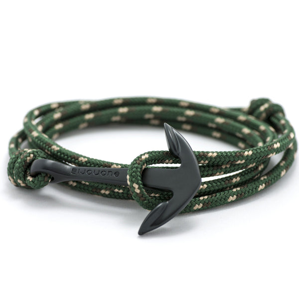 Matte Black Anchor On Hunter Green Rope Bracelet - BIJOUONE