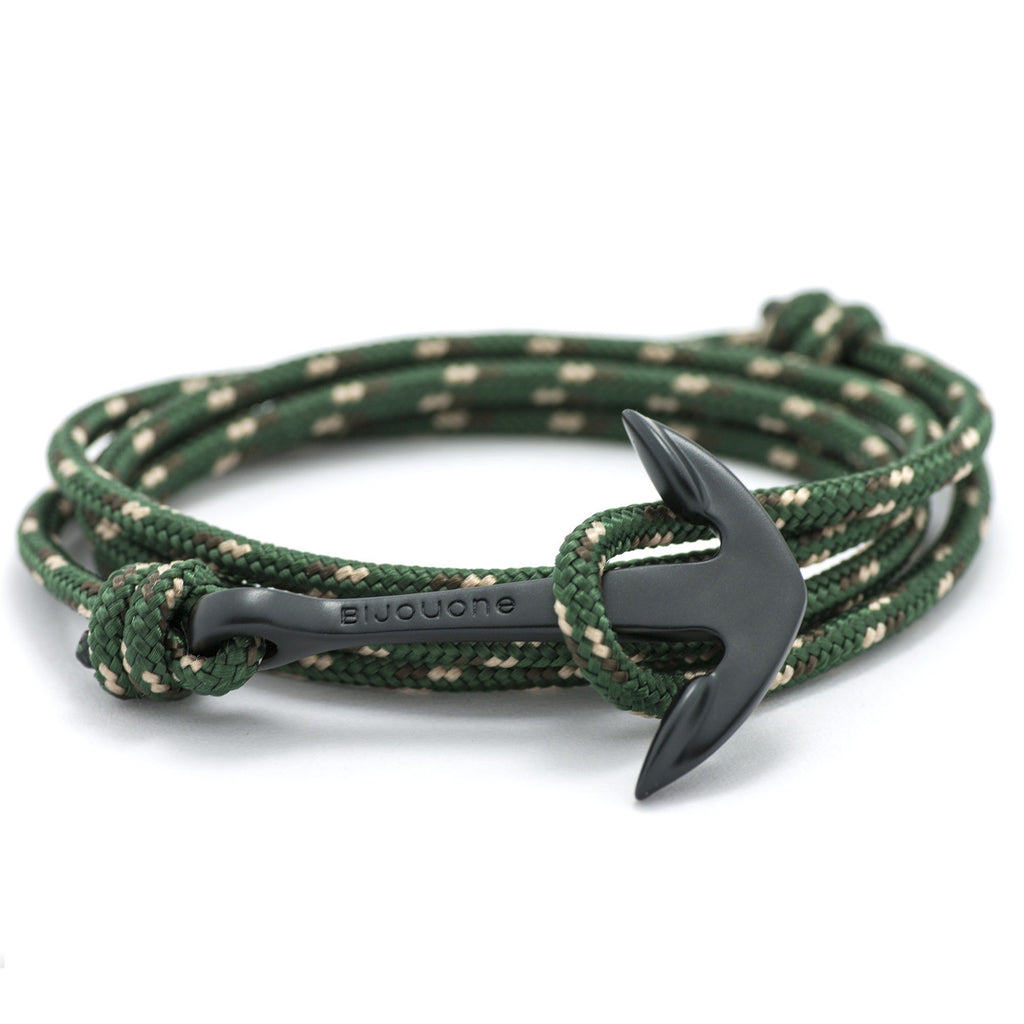 Matte Black Anchor On Hunter Green Rope Bracelet - BIJOUONE
