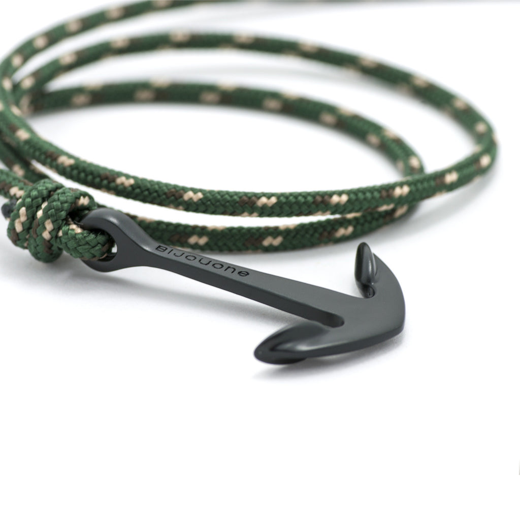 Matte Black Anchor On Hunter Green Rope Bracelet - BIJOUONE