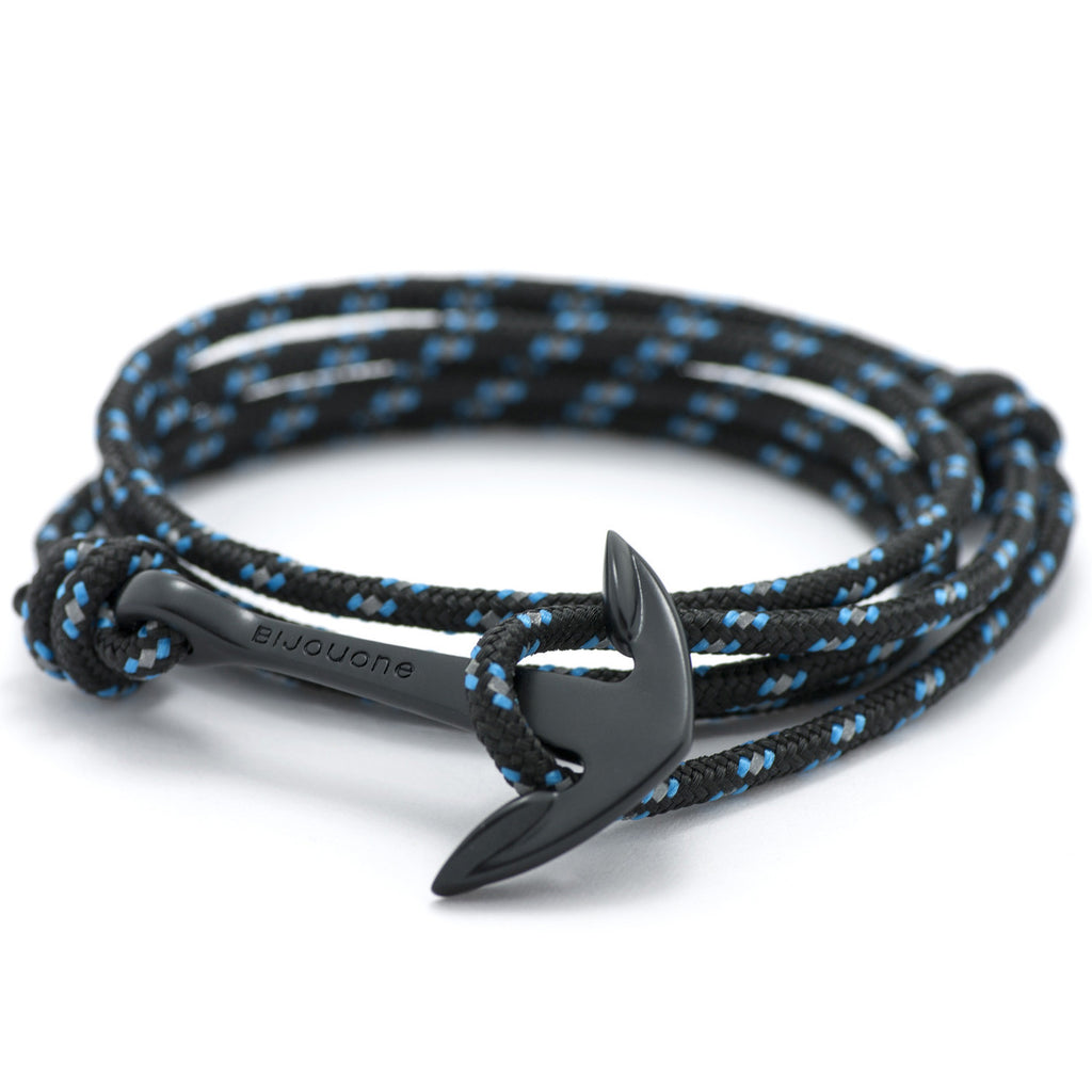 Matte Black Anchor On Black & Blue Rope Bracelet - BIJOUONE