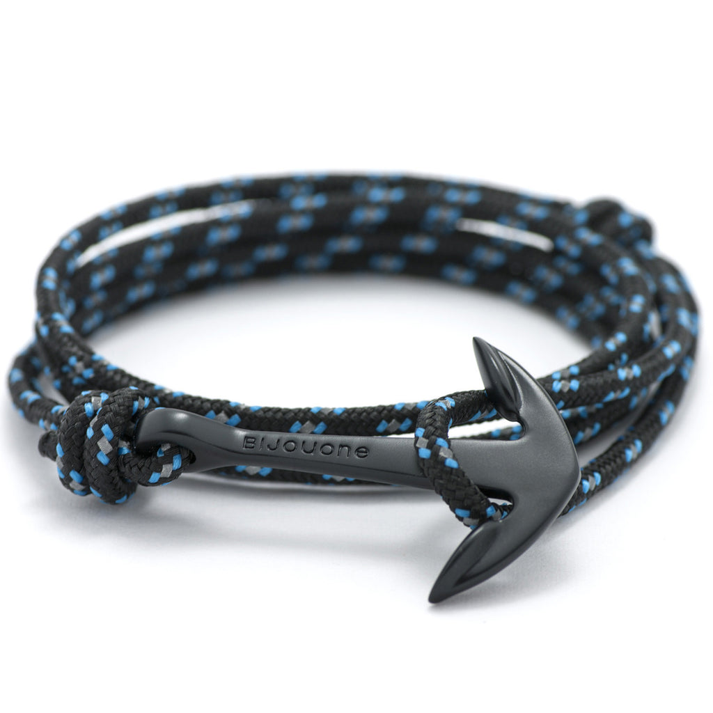 Matte Black Anchor On Black & Blue Rope Bracelet - BIJOUONE