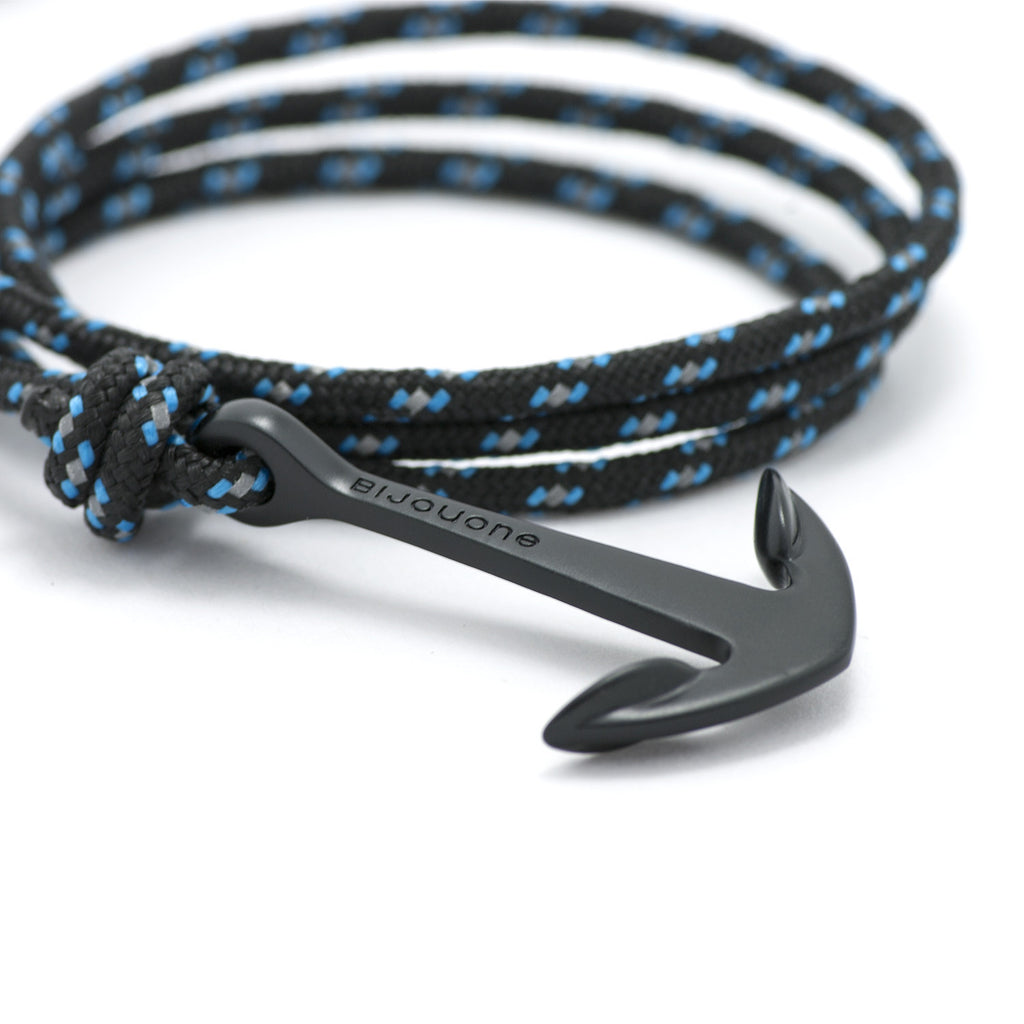 Matte Black Anchor On Black & Blue Rope Bracelet - BIJOUONE